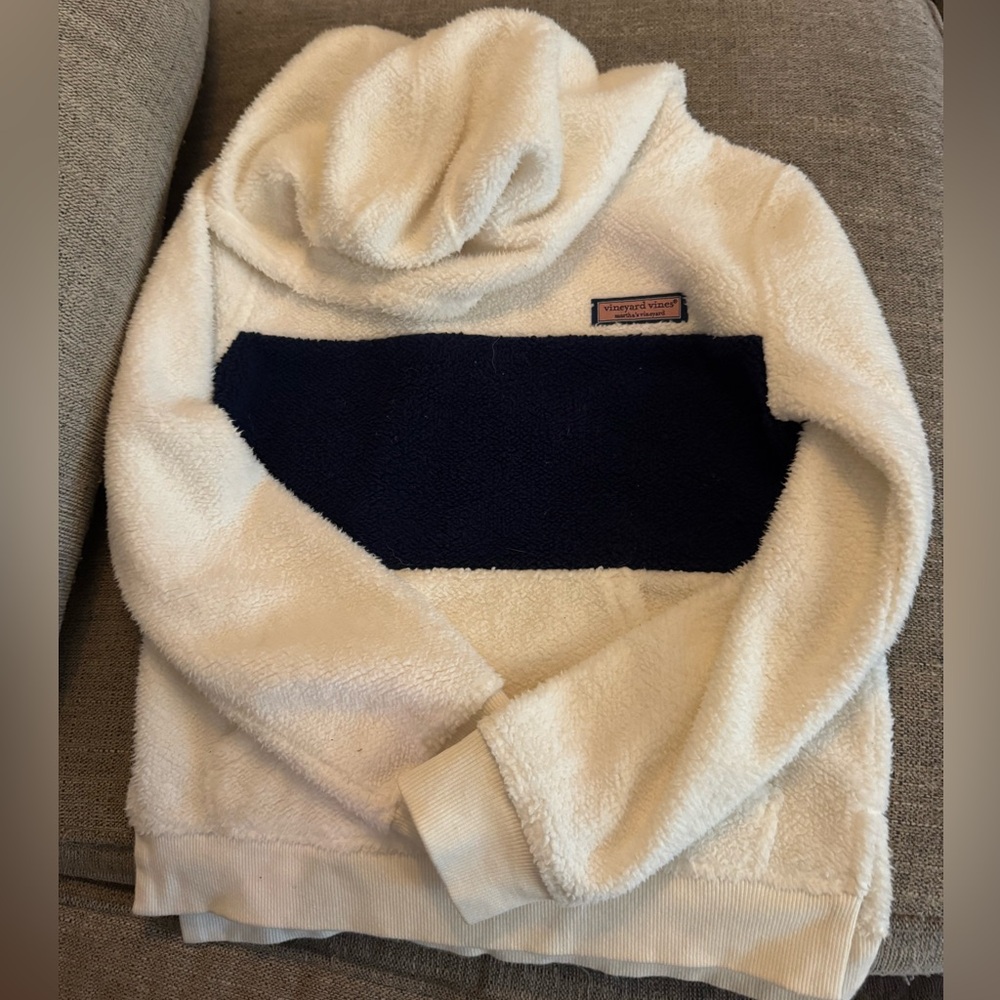 Kids Vineyard Vines Cream and Navy Sherpa Pullover